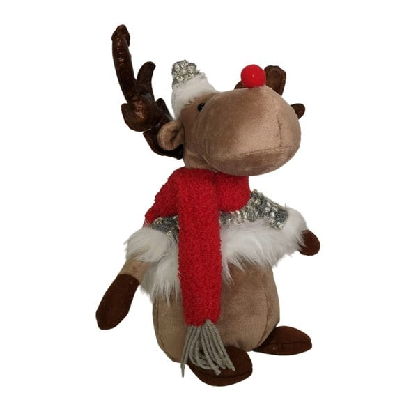 Samuel Alexander 38cm Plush Reindeer Christmas Decoration with Hat and Scarf in Grey