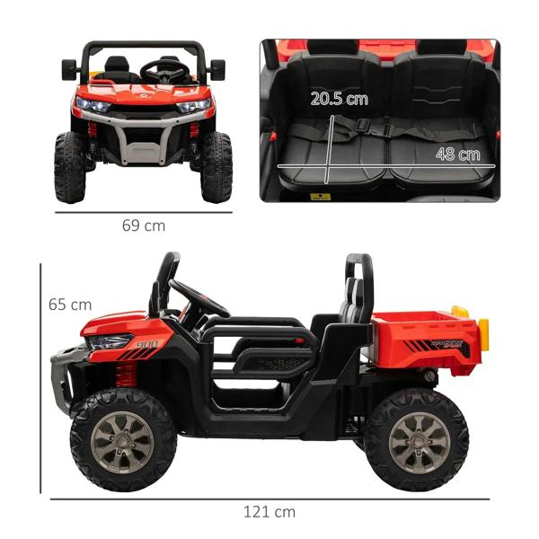 Red two-seat kids electric ride-on car with black seats and detailed side chassis