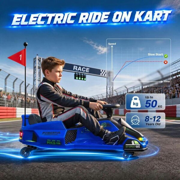 12V Kids Electric Go Kart, Ride on Drift Car with 2 Speeds, Soft Start, Music, Colourful LED Lights for Ages 8-12, Blue