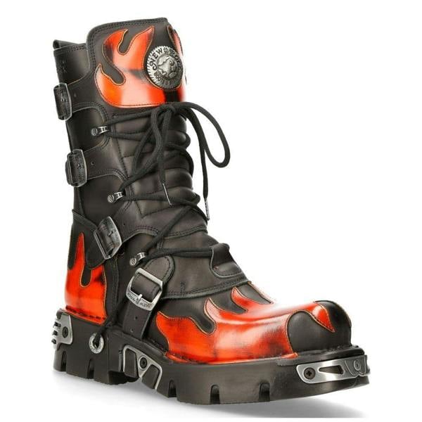 New Rock Flame Accented Black/Red Leather Boots- 591-S1