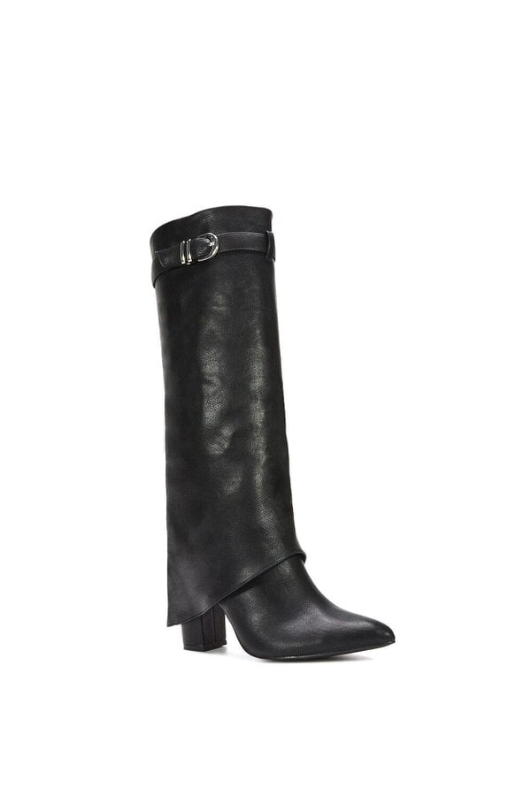 XY LONDON Fold Over Boots Block Heel Buckle Point Toe