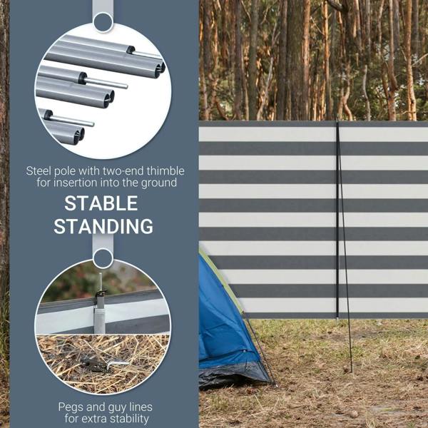 Grey and white striped windbreak with steel poles and ground pegs for stability