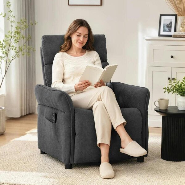 Recliner Armchair, Push Back Recliner Chair with Massage & Heat, Adjustable Armrests, Dual Side Pockets, Dark Grey