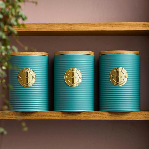 Cooks Professional 3 Piece Kitchen Storage Set with Bamboo Lids | Teal / Gold