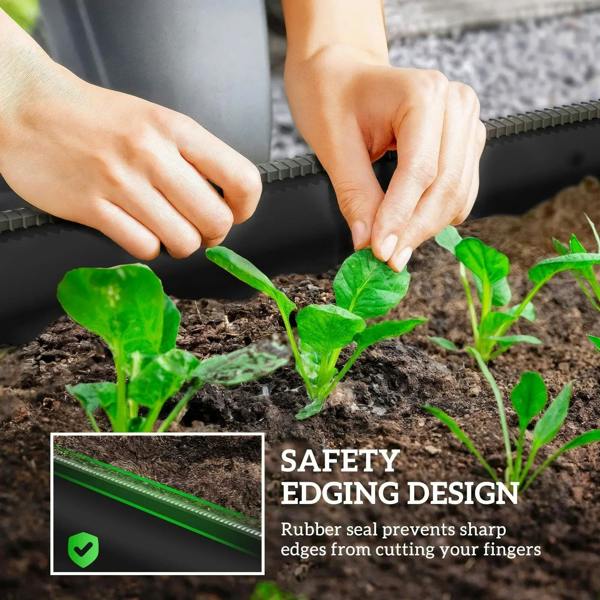Hands planting in a black galvanized raised garden bed with safety-edging design