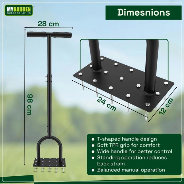 My Garden Outdoor Living My Garden Lawn Aerator Tool with 15 Spikes Built-in with 3 Extra Spikes - 98cm Long Manual Lawn Spike Aerator with T-Handle
