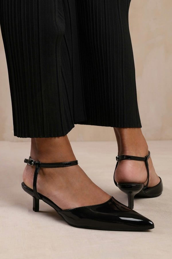 Where's That From Malta Wide Fit Low Kitten Heels With Pointed Toe and Ankle Strap in Black Patent