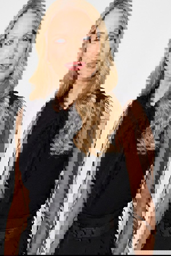 Black | Semi Sheer Sleeve Tie Neck Knit Top
