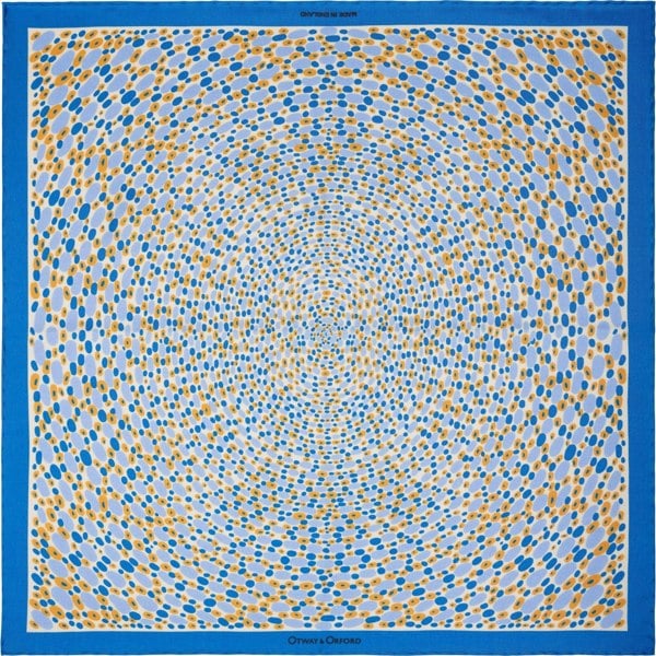 'Infinity' spots design silk pocket square in blue, gold & white by Otway & Orford