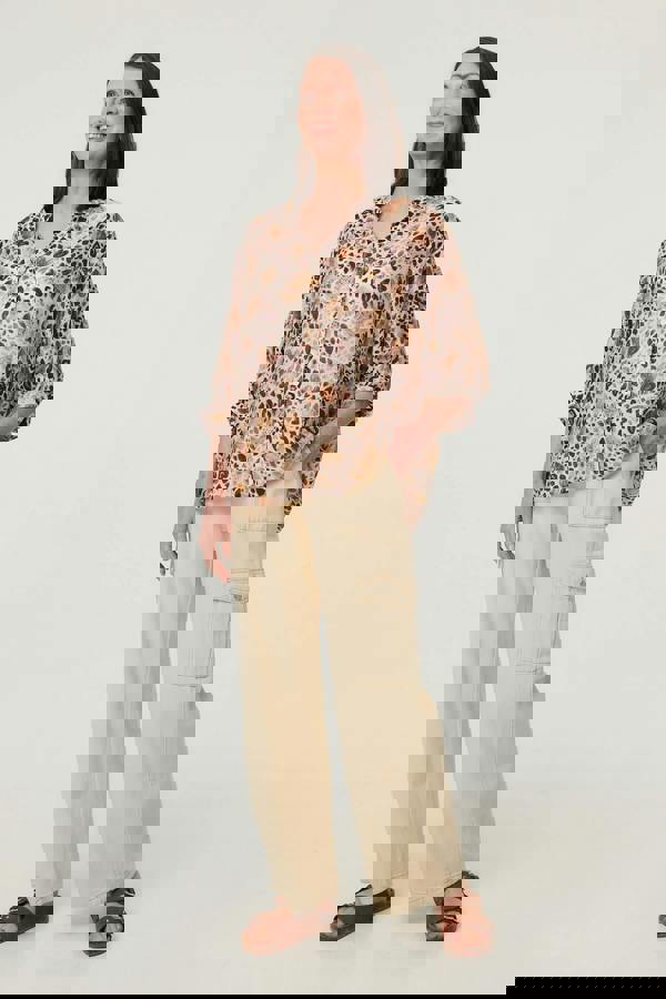 Beige | Animal Print 3/4 Sleeve Blouse