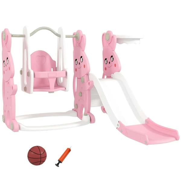 Pink kids slide and swing set with rabbit climber panels and basketball accessories