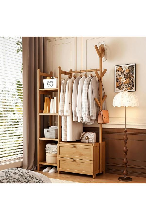 Living and Home Freestanding Bamboo Clothes Rack Garment Rack with Storage Shelves Coat Hanger Hanging Rod