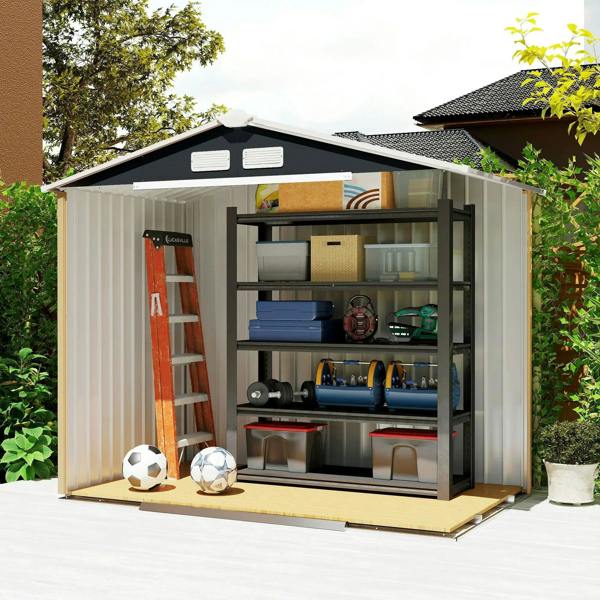 Dark grey outdoor shed with open double doors and organized interior shelving for bikes and gear.