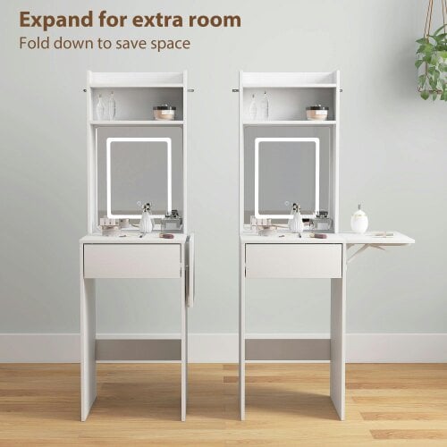 Wyld Haus Ravitti White Compact Vanity Desk With Mirror LED Lights Drop Leaf And Open Shelves