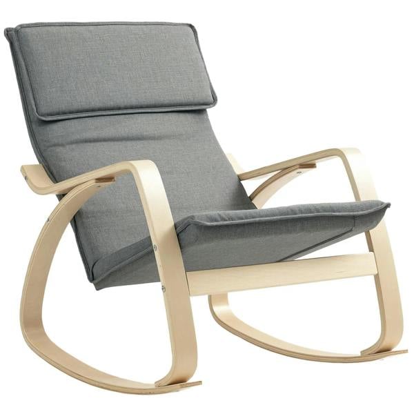 Grey upholstered rocking lounge chair with high back headrest and light wood base