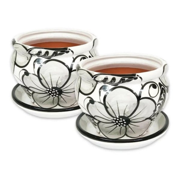 Bola Pot 25x21cm - Grey Flower - Set of 2 with 2 x 27cm Drainage Plates