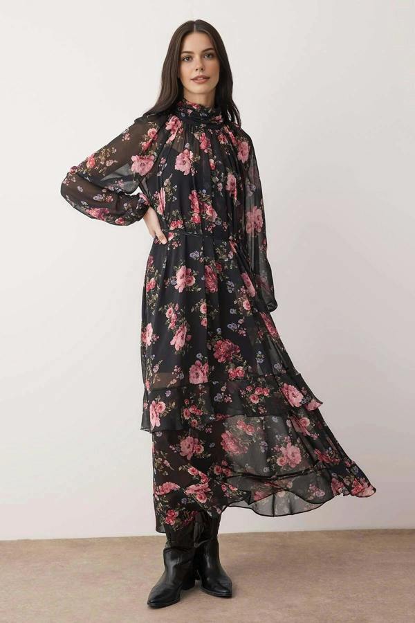 WOVCOR Floral Maxi Lined Chiffon Woven Dress