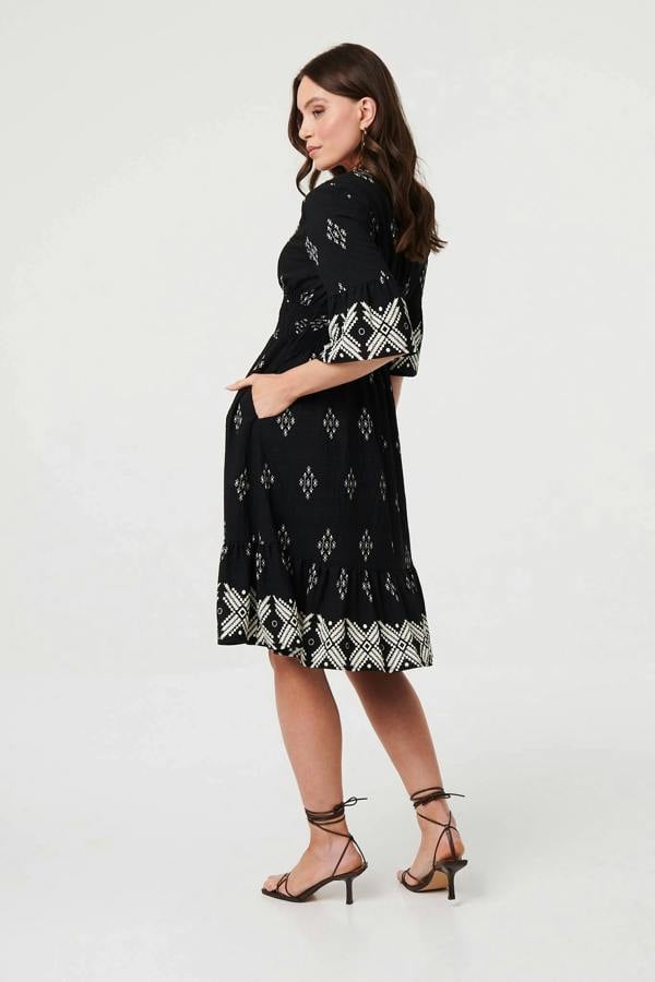 Black | Border Print Relaxed Knee Length Dress