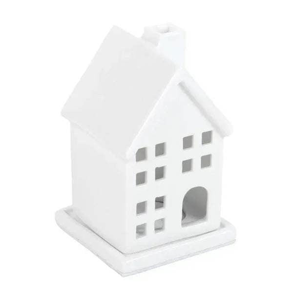 White ceramic house incense cone holder on base with arched doorway cutout