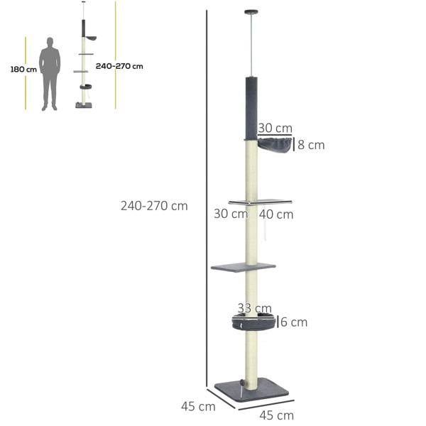 Floor-to-ceiling cat tree for 240-270cm, cream posts with dark grey platforms