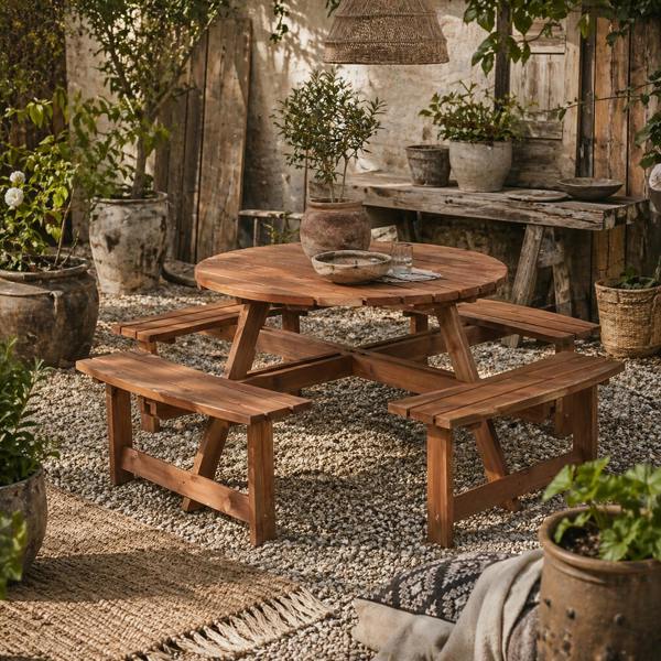 Wyld Haus Bataba Brown Fir Wood 8 Seater Outdoor Picnic Table Set