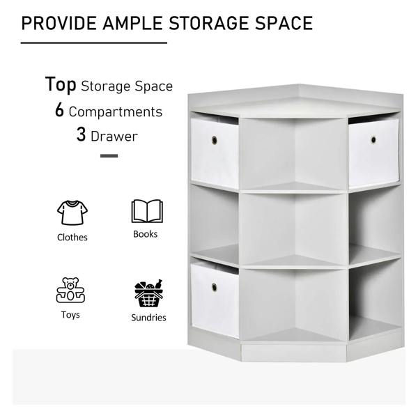 Grey kids bookcase with open cubbies and three white fabric drawers, cube-style layout