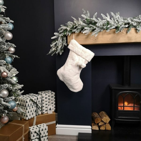 Samuel Alexander 50cm Winter White Faux Fur Hanging Christmas Stocking with Pom Poms