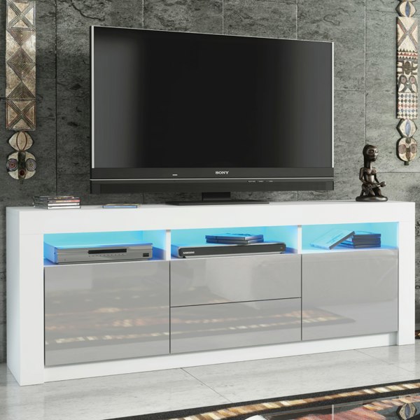 Mex Furniture Spacious 160cm TV Unit & Sideboard Cabinet with Grey High Gloss Doors and Free LED