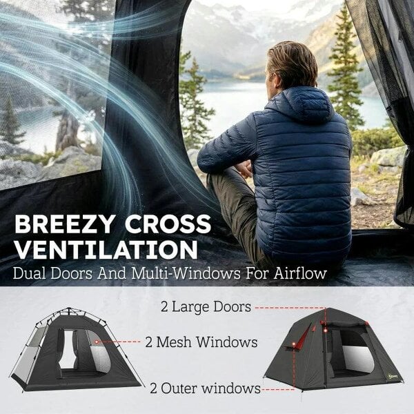 Camping Tent 3000mm Waterproof Tent with 2 Doors, Dark Grey and Red