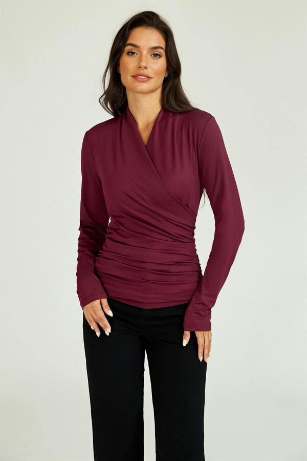 FS Collection Long Sleeve Wrap Neck Ruched Top In Wine
