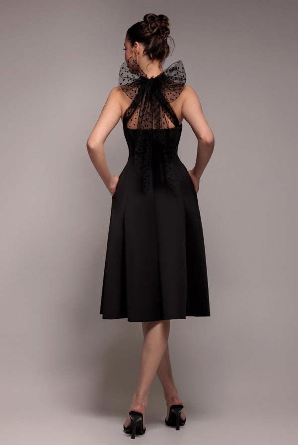 Scuba & Polka Mesh Bella Bow Multiway A-Line Midi Dress - Black DR4877