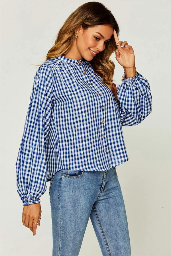 FS Collection Gingham Print Band Collar Blouse Top In Blue