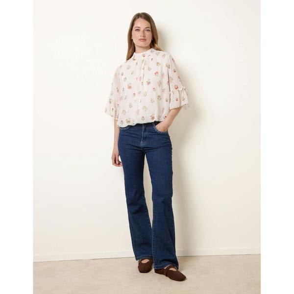 Blue Vanilla High Neck Frill Sleeve Dobby Floral Print Puffball Blouse