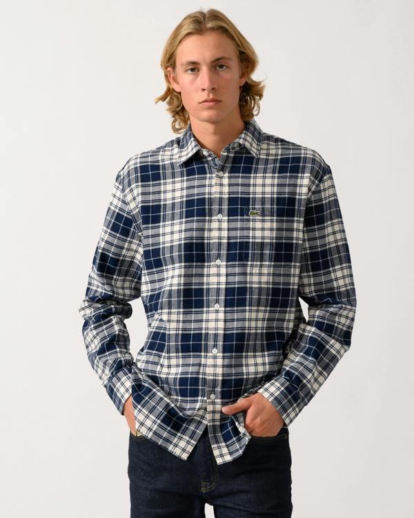 model wearing a Lacoste Casual Flannel Mens Long Sleeve Shirt in Lapland/Navy Blue-Rill DCN0
