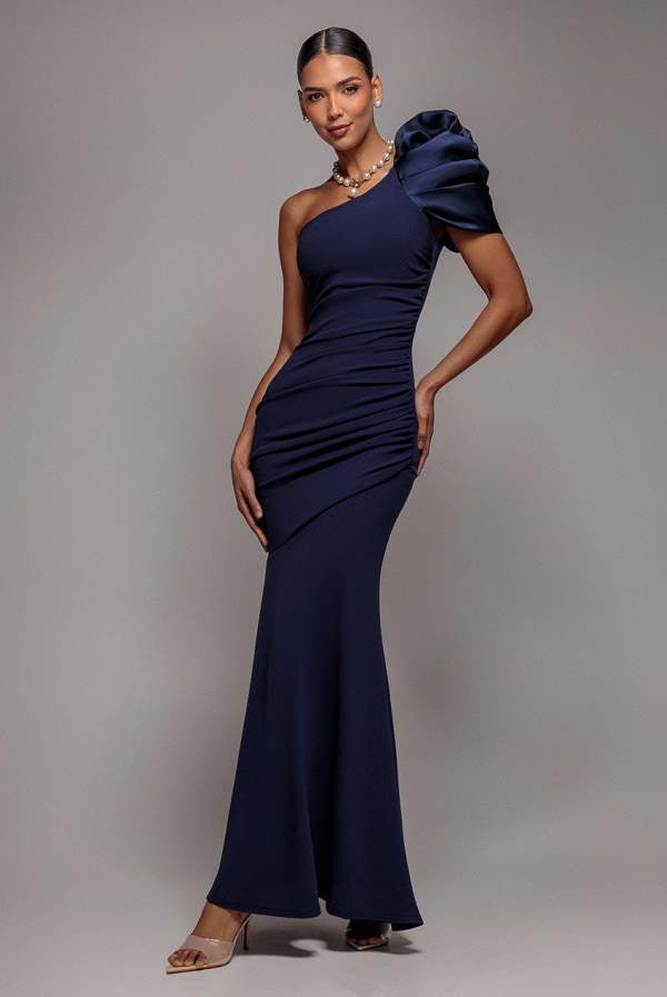One Shoulder Puffed Satin Sleeve Evening Maxi Dress - Navy Blue DR4640