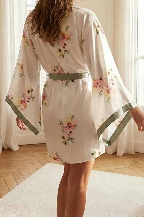 WOVCOR 2-Piece Set Floral Satin Woven Belted Robe Nightdress