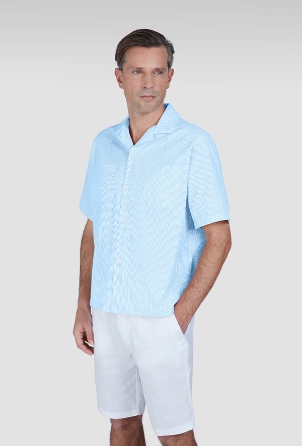 Paul & Shark Men's Riviera Seersucker Cotton Collar Hawaiian Short Sleeve Shirt - Blue