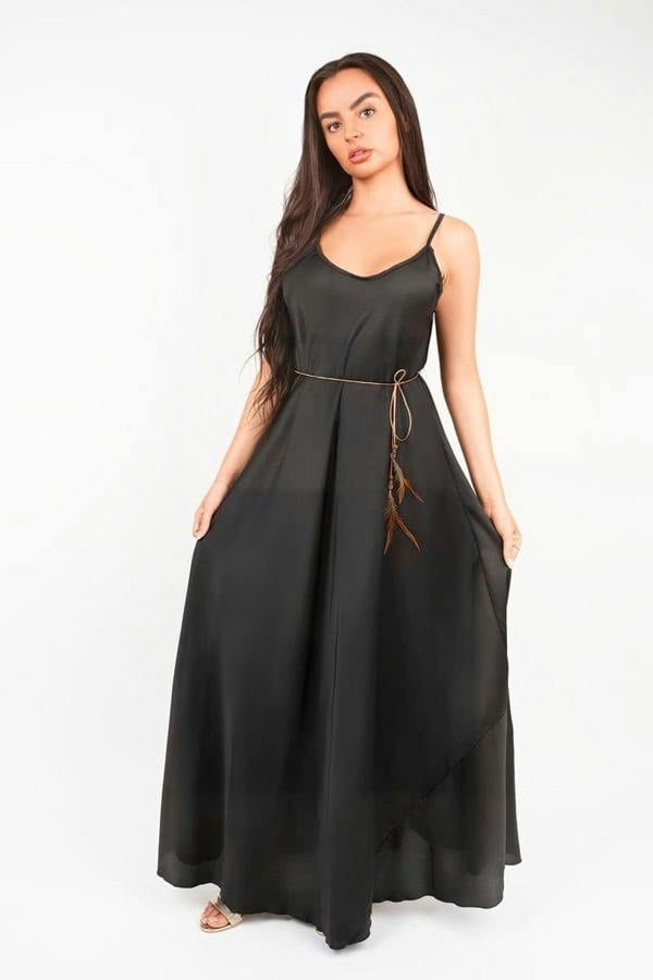 Liora Strappy Maxi Dress With Feather Tie Waist - Black