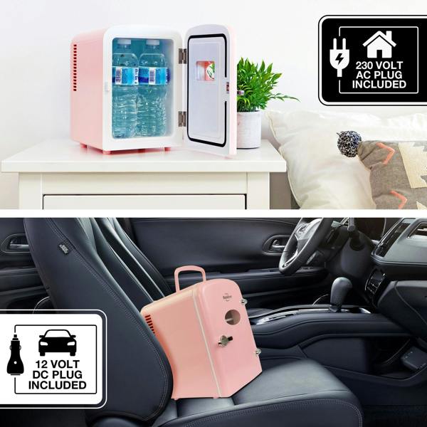 Koolatron 4L Mini Fridge For Bedrooms 6 Can Table Top 12V Portable Cooler Skincare Pink