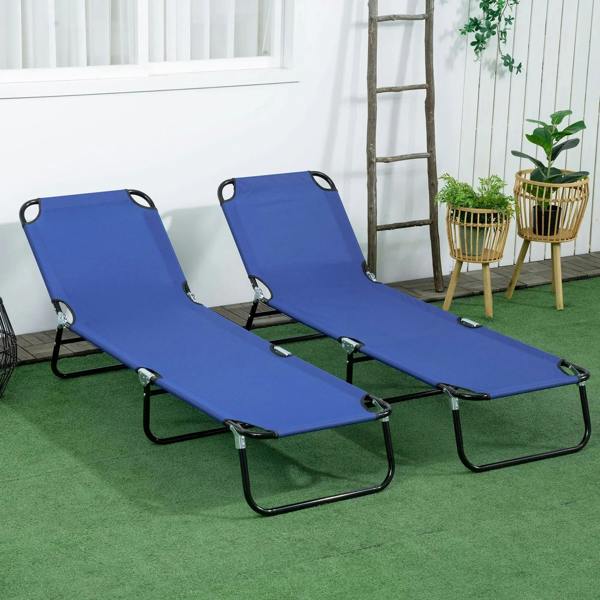 Set of two blue folding sun loungers with black metal frames and adjustable recline positions