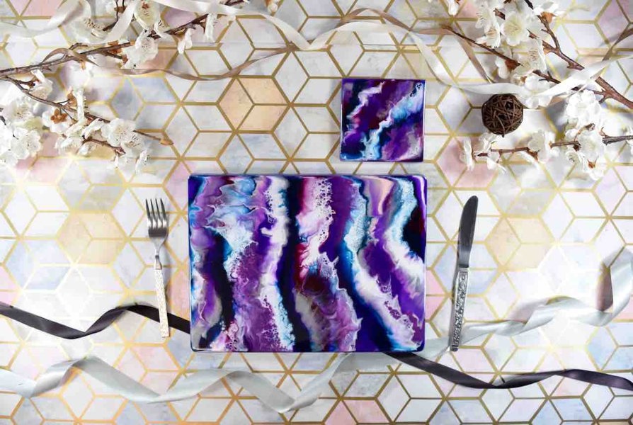 Kate Chesters Art Purple Resin Art Placemats and Drinks Coasters - Heat Safe