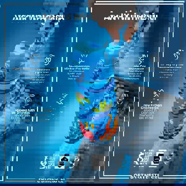 A blue water bottle with a sea creature design is being held. Its features include a hide-away handle, hygiene cover, and wide mouth. It's an award-winning design.