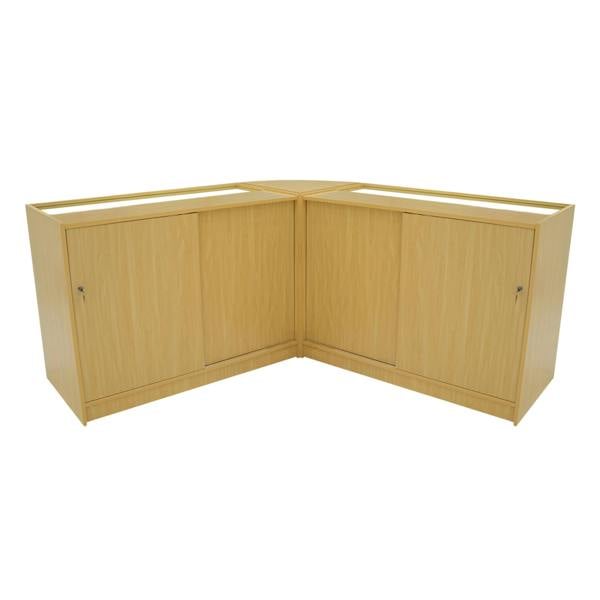 Selene LED Shop Counter Set in maple finish, featuring a sleek corner design with two spacious cabinets and glass display tops