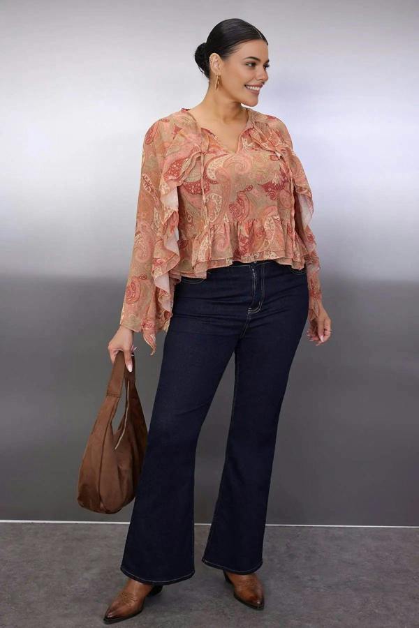 WOVCOR Shawl Patterned Ruffled Chiffon Woven Plus Size Blouse
