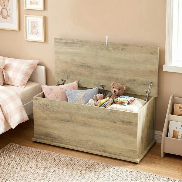 Large 114L Storage Chest Grey Wood Bench Trunk with Safety Lid for Bedroom Hallway and Living Room 100 x 40 x 40cm