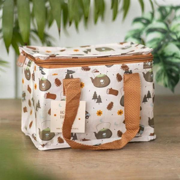Camping print insulated lunch bag with zip top and tan webbing handles