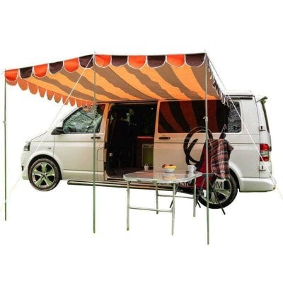 The OLPRO Retro Campervan Shade Canopy - Orange & Brown on a white background fitted to a VW T5 van.