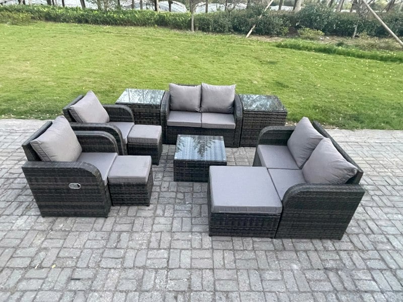 Fimous Garden Furniture Set Rattan Outdoor Lounge Sofa Chair With Tempered Glass Table 3 Footstools 2 Side Tables Dark Grey Mixed