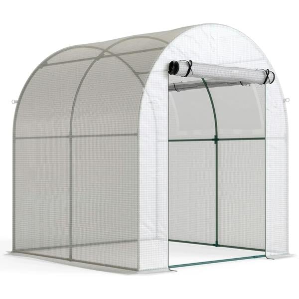 White polytunnel greenhouse with green frame, arched structure and roll-up door