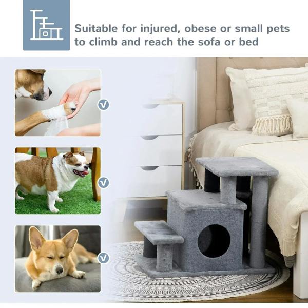 Grey cat steps with several platforms for reaching furniture, round side entrance